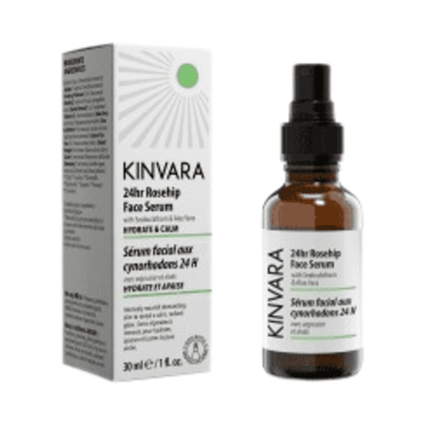 Kinvara ローズヒップ フェイス セラム - 保湿と鎮静をもたらす 30 ml ボトル(箱付き)。小じわや大人のスキンケア ルーチンに最適です。