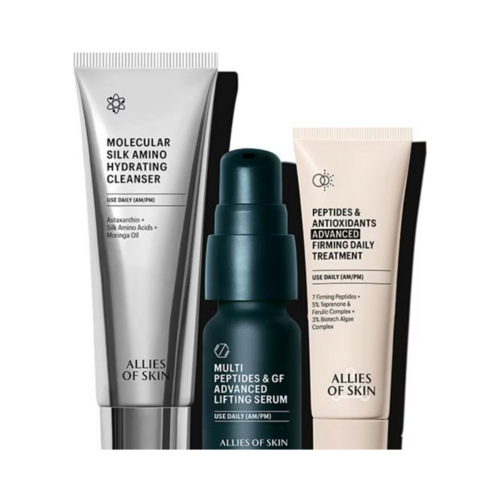 Close-up of Allies of Skin 7 Days To Firmer Skin Kit products showing premium skincare formulas for daily AM/PM use targeting aging and dryness.