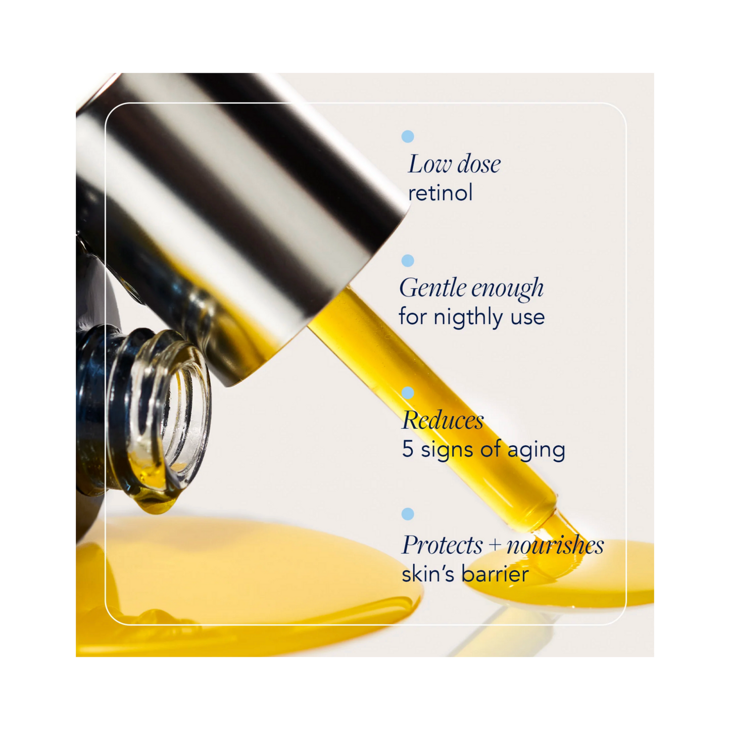 Compte-gouttes distribuant le sérum doré du flacon Image Skincare AGELESS+ Retinol, soulignant ses effets anti-âge, protecteurs de barrière et nourrissants.