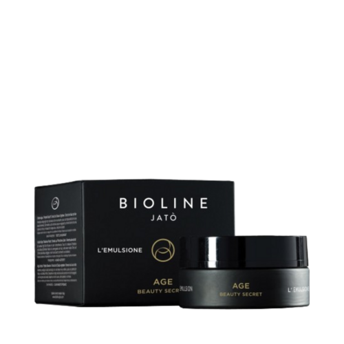Bioline AGE The Emulsion, 50ml/1,7 fl oz κρέμα περιποίησης δέρματος προσώπου και λαιμού, συσκευασμένη σε πολυτελές μαύρο δοχείο με χρυσές πινελιές.
