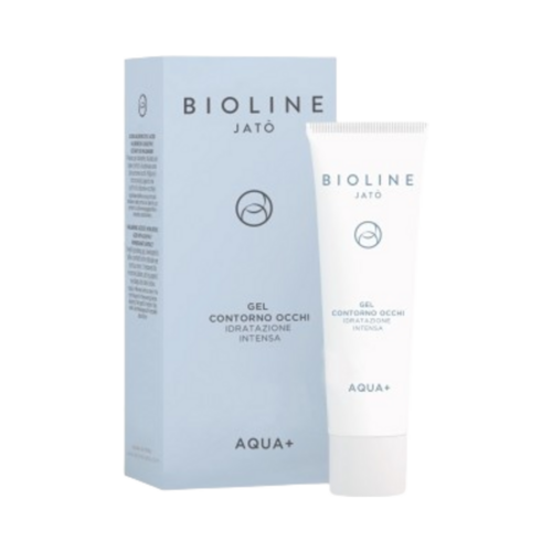 Bioline AQUA+ Eye Contour Gel Intense Moisturizer tubo y caja, un tratamiento ocular hidratante para ojeras y bolsas en la rutina de cuidado de la piel.