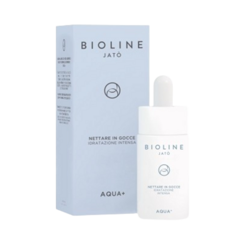 Bioline AQUA+ Nectar in Drops Intense Moisturizer、水分補給と肌の弾力性のための 30ml フェイシャル トリートメント。パッケージとスポイト付きで示されています。