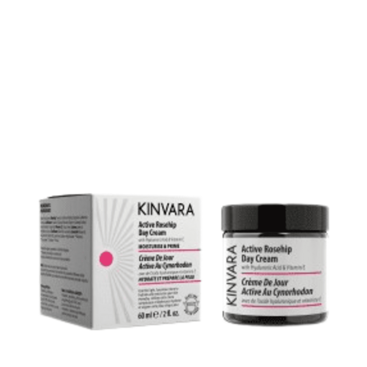 Kinvara アクティブ ローズヒップ デイ クリーム 60ml 瓶、箱付き、ヒアルロン酸とオメガ豊富な植物成分を配合した乾燥肌用の保湿フェイス クリームです。