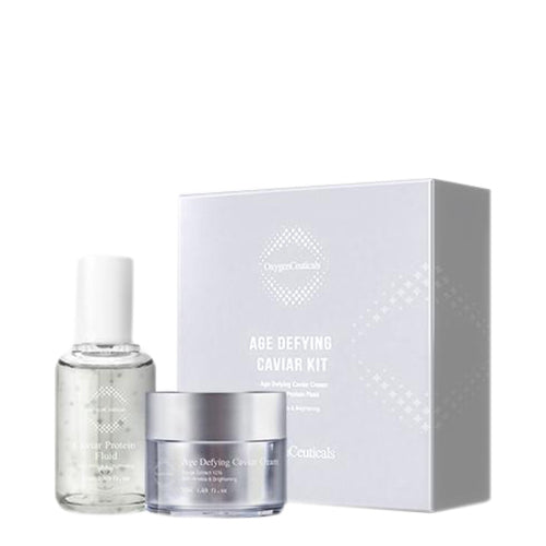 El kit antienvejecimiento OxygenCeuticals Age Defying Caviar incluye crema de caviar y líquido proteico para iluminar y reafirmar la piel.