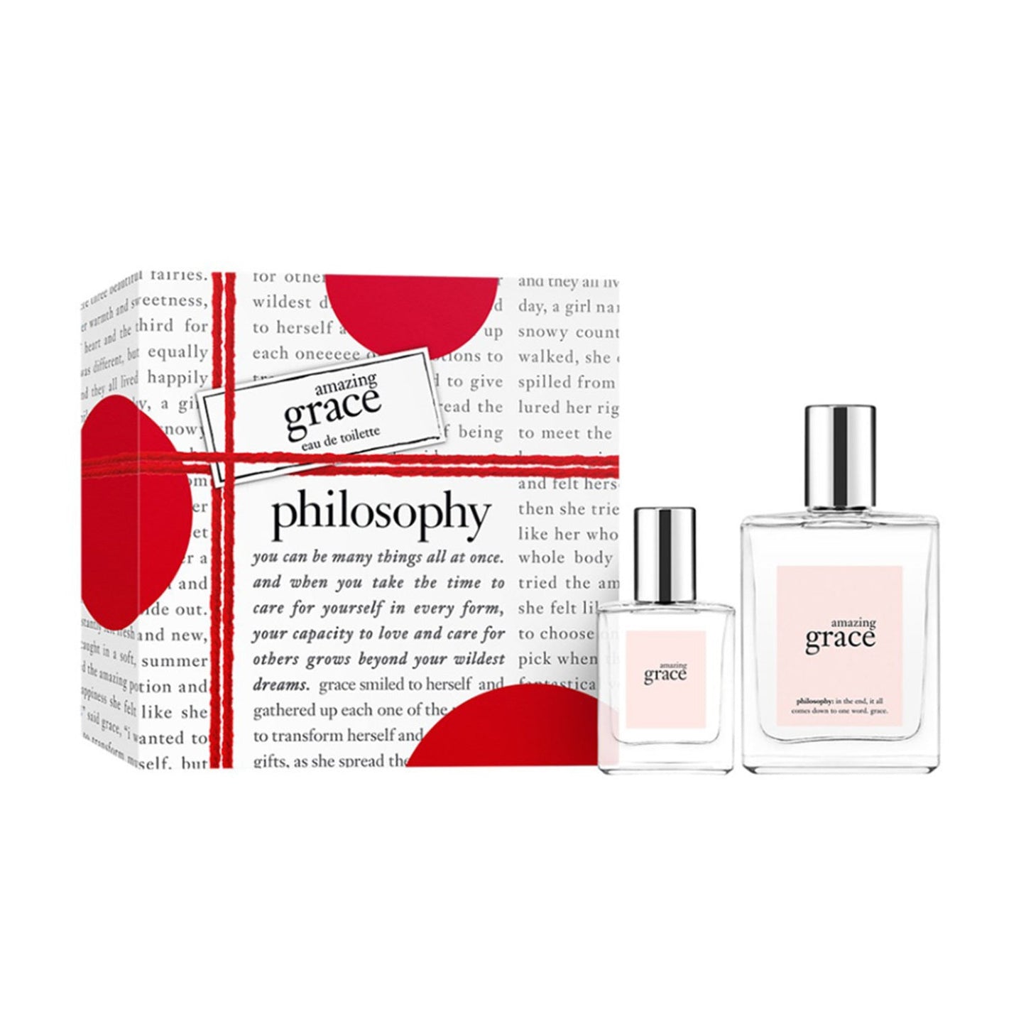 Philosophy Amazing Grace Gift Set Duo עם שני בקבוקי או דה טואלט ואריזה חגיגית באדום ולבן. מתנה מושלמת לטיפוח הגוף לחג.