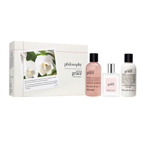 Filosofi Amazing Grace-gavesett med EDT, dusjgelé og kroppsemulsjon, ideelt for gaver eller daglig bruk i luksuriøst bad og kroppspleie.