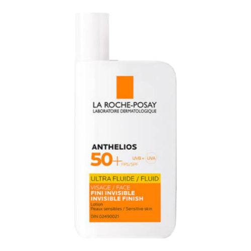 La Roche Posay SPF 50+ Face Lotion Ultra Fluid valkoisessa pullossa oranssilla etiketillä, öljytön aurinkovoide herkälle iholle ihonhoitokategoriassa.