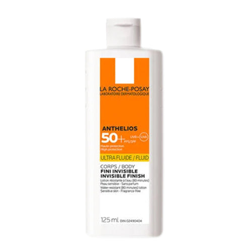 La Roche Posay Ultra-Fluid Αντηλιακό SPF 50+ σε συσκευασία 125ml, σχεδιασμένο για χρήση στο σώμα με αόρατη, χωρίς άρωμα αντηλιακή προστασία για ευαίσθητο δέρμα.