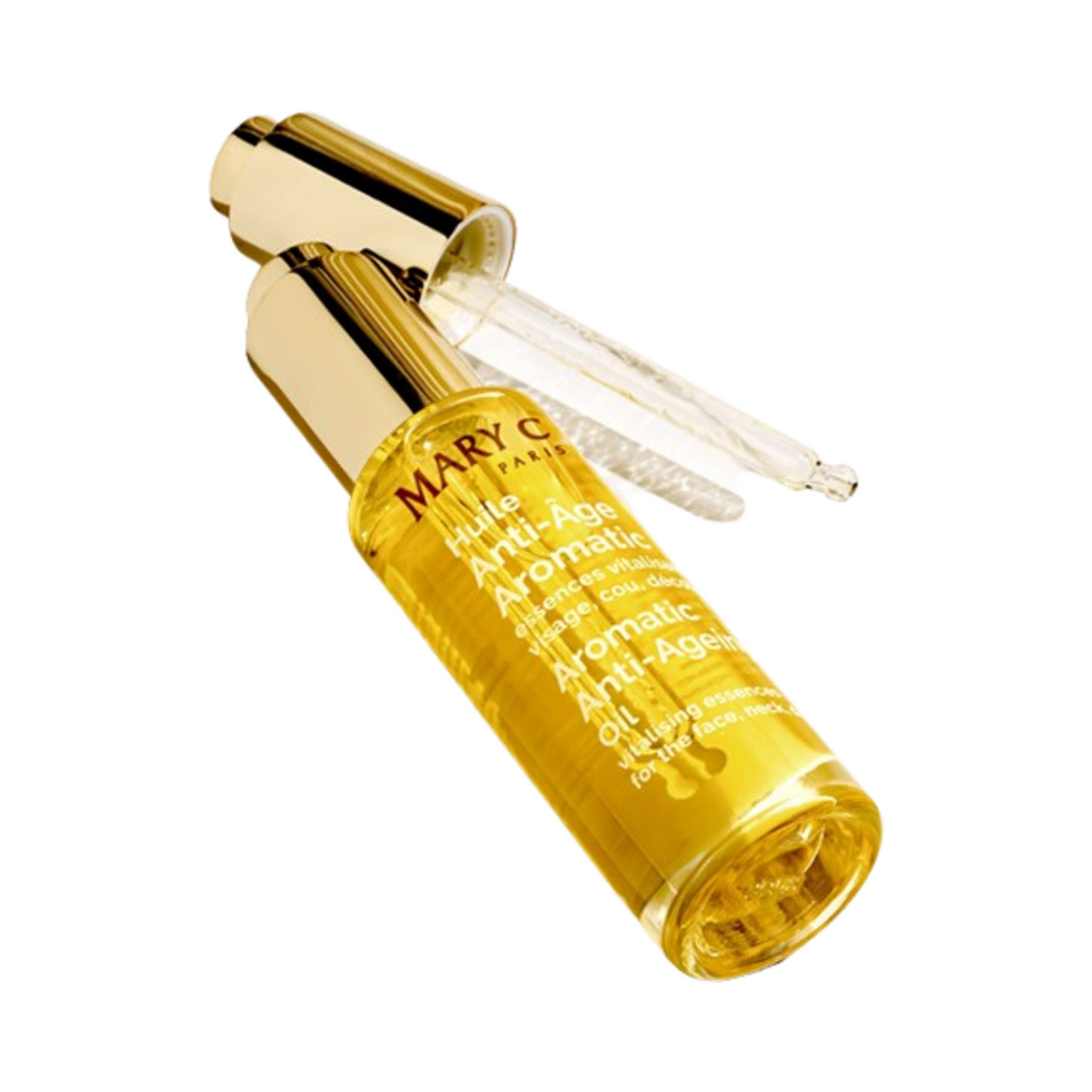 Mary Cohr Aromatic Anti-Aging Oil -pullo avoimella tippatuksella, joka esittelee ravitsevaa koostumusta kypsän ihonhoitorutiineihin.