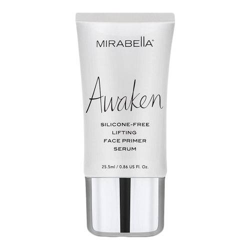 Mirabella Awaken Face Primer Serum in sleek white tube packaging with silver cap, a lightweight brightener for radiant skin.