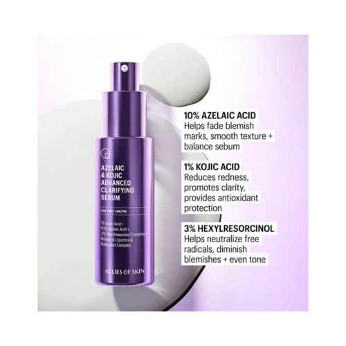 Azelaic Kojic Clarifying Serum -seerumin ainesosien hajoaminen korostaa sen ihoa kirkastavia ja tulehdusta ehkäiseviä ominaisuuksia kirkkaalle iholle.