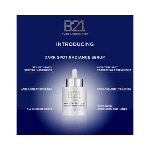 アンチエイジングやシミ補正などの利点を示す Orlane B21 Extraordinaire Dark Spot Radiance Serum のプロモーション グラフィック。
