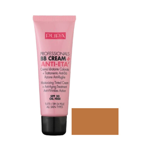 Pupa BB Cream - Anti-aging Treatment 50 ml getinte vochtinbrengende crème met SPF 30, ideaal voor de rijpere huid en fijne lijntjes, weergegeven in lichtbruine kleur.