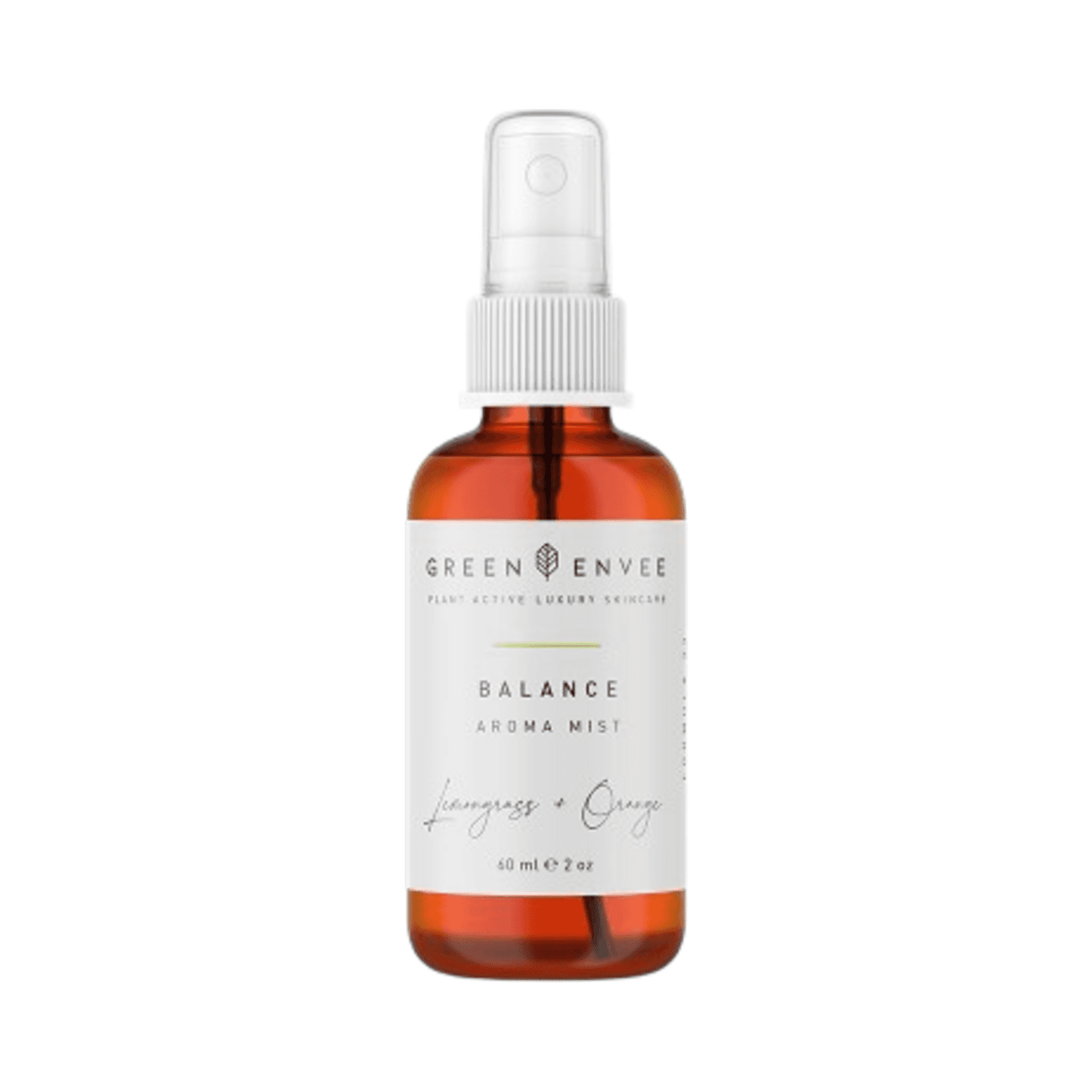Green Envee Balance Aroma Mist com capim-limão e laranja em frasco spray âmbar. Névoa de aromaterapia ideal para relaxamento e melhoria do humor.