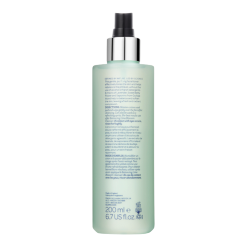 Πίσω όψη μπουκαλιού Elemis Balancing Lavender Toner με λίστα συστατικών και οδηγίες. Τονωτικό λεβάντας για ισορροπημένο, ανανεωμένο δέρμα.