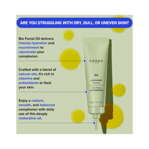 Codex Bia Facial Oil - Τα οφέλη του Bia Facial Oil παρουσιάζονται με κείμενο και γραφικά, δίνοντας έμφαση στην ενυδάτωση, τις βιταμίνες και την απαλή, ισορροπημένη επιδερμίδα.