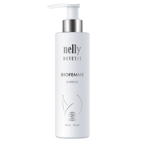 Nelly Devuyst BioFemme LubiElle Gel - Intimt smøremiddel i elegant hvit flaske, ideell for kroppspleie og feminine hygienerutiner.