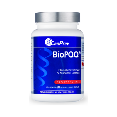Front label of CanPrev BioPQQ herbal supplement featuring clinically proven PQQ for 7x antioxidant defense in health and wellness care.