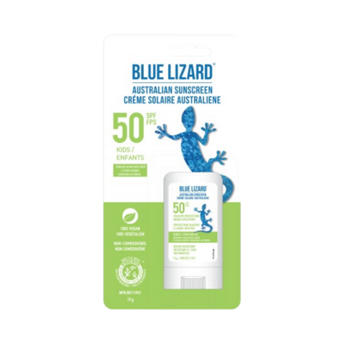 قلم الوقاية من الشمس Blue Lizard Kids SPF 50 في عبوة مضغوطة، مصمم لحماية البشرة الحساسة بتركيبة نباتية لا تسبب انسداد المسام.