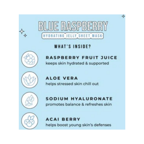 Detailed ingredient panel for Blue Raspberry Kids Mask by Avatara featuring raspberry, aloe, hyaluronate, and acai for skincare.