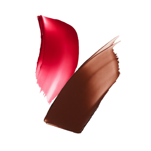 Nahaufnahme der Farbfelder Stila Blush und Bronze Hydro-Blur Cheek Duo in leuchtendem Cranberry und tiefem Mahagoni, ideal zum Definieren und Aufwärmen des Gesichts.
