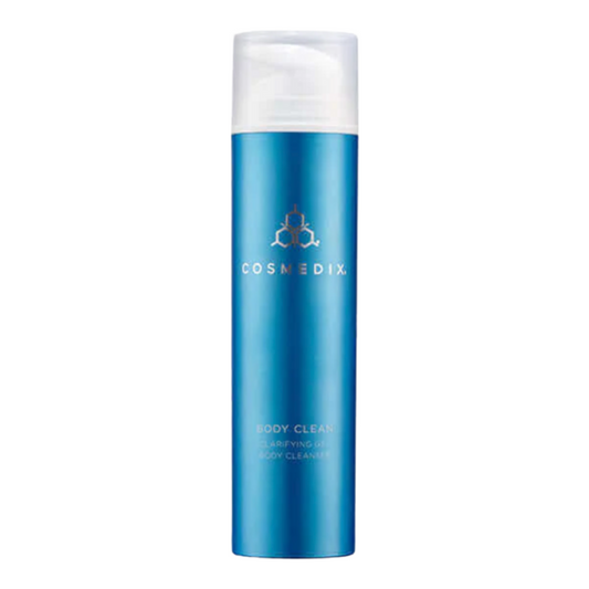 Køb CosMedix Body Clean Clarifying Gel Body Cleanser | eSkinCareStore. Slank blå flaske med rensende gel til kropsvask til tør og kedelig hud.