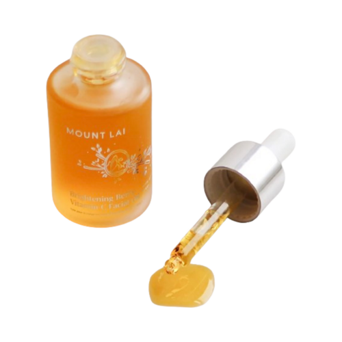 Óleo facial de vitamina C Golden Mount Lai dispensado em conta-gotas, ideal para hidratação e brilho da pele seca e madura.
