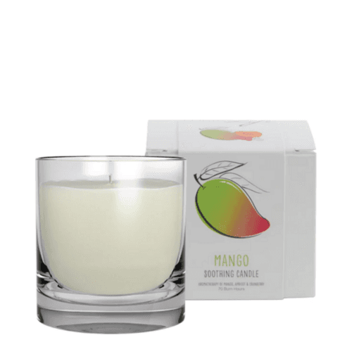 Loma Organics Candle - Mango Soothing, 1 piece in a clear glass jar, boxed with mango fruit design, crafted for relaxing home scent.