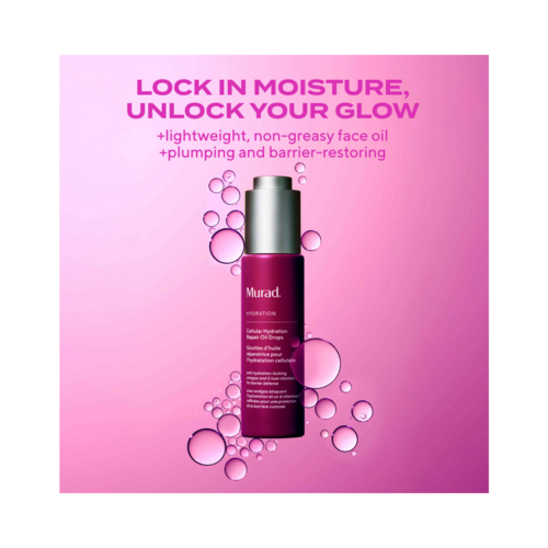 Murad Cellular Hydration Repair Face Oil Drops weergegeven met levendige roze afbeeldingen en tekst die de niet-vette, snel absorberende en opvullende formule benadrukken.