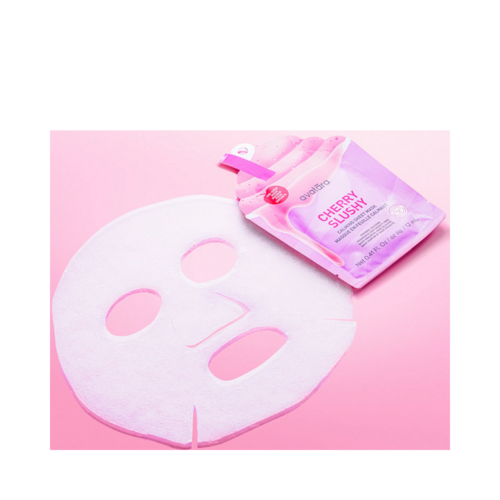 Cherry Slushy Kids Face Mask by Avatara displayed with full sheet mask on pink background, ideal for calming and hydrating children’s skin.