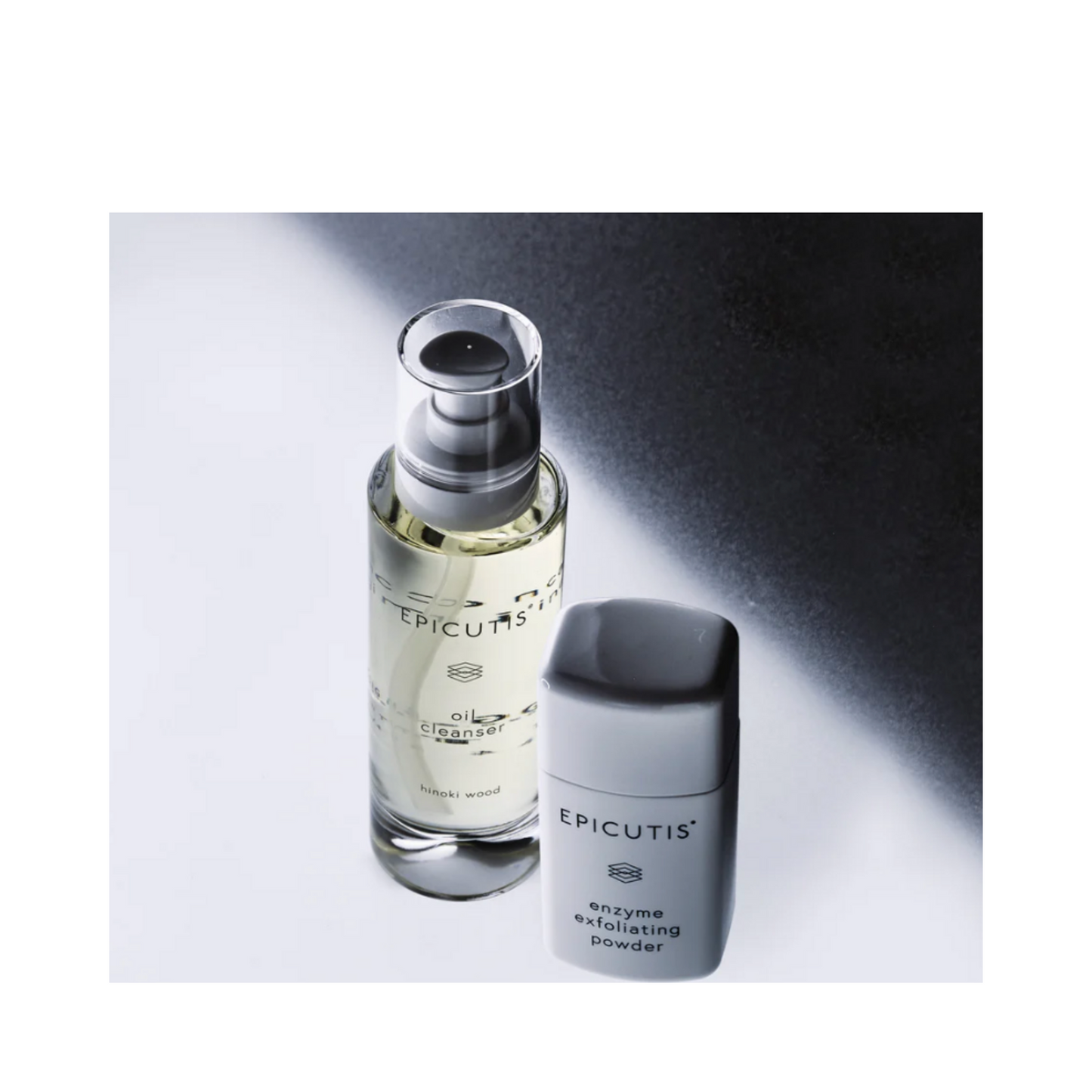 Epicutis Cleansing Essentials skin care value kit shown in a modern setting, highlighting oil cleanser and exfoliating powder for radiant skin.