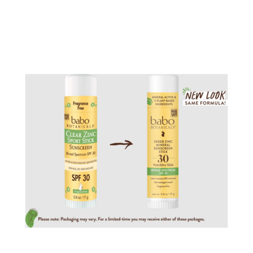 Visuel montrant l'ancien et le nouvel emballage du Babo Botanicals Zinc Sport Stick SPF30. Même formule pour peaux sensibles avec un design rafraîchi.
