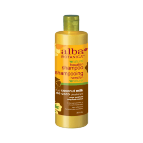 Alba Botanica Coconut Milk Shampoo in 355 ml size, ideal for cleansing and reducing breakage in dry, damaged hair.