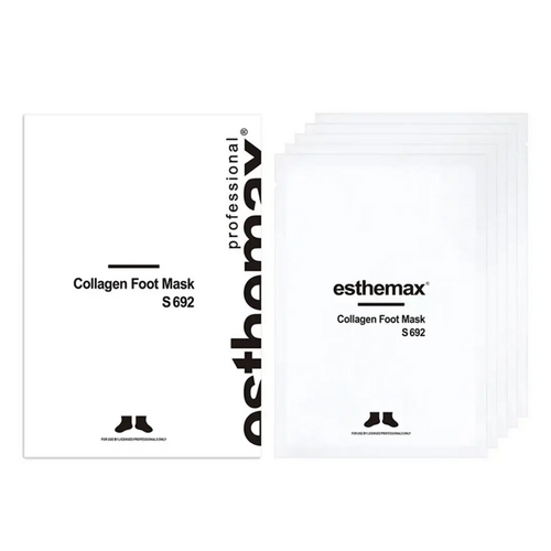 تتضمن مجموعة Esthemax Collagen Foot Mask S692 5 أزواج، مثالية لتنعيم وترطيب القدمين في علاجات الجسم الصحية والجمالية.