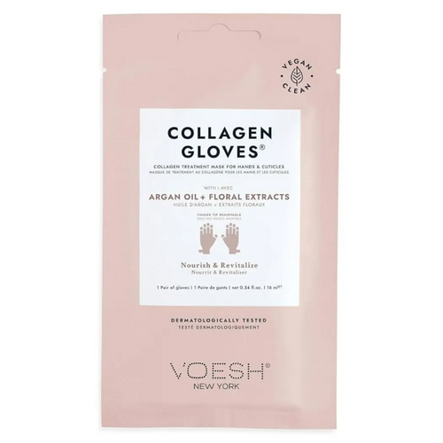 قفازات Voesh Collagen للعناية باليدين في عبوة وردية أنيقة، غنية بزيت الأرغان ومستخلصات الأزهار لترطيب عميق وتجديد البشرة.