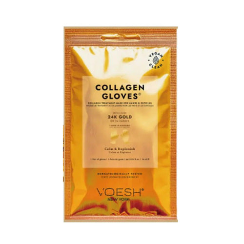 Gants Voesh Collagen Gold - Soin luxueux pour les mains dans un emballage doré de qualité supérieure, idéal pour hydrater et revitaliser les mains avec du collagène et de l'or 24 carats.