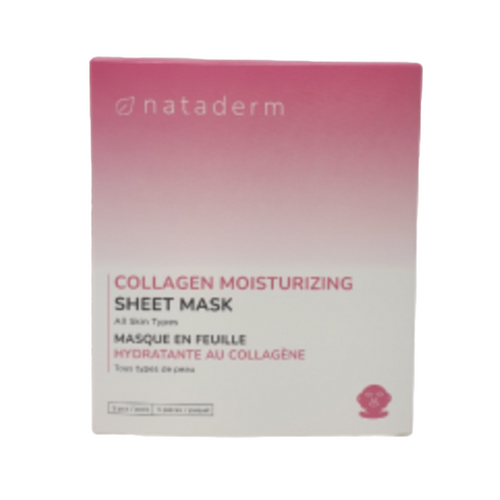 قناع ورقي مرطب بالكولاجين من Nataderm بتصميم وردي متدرج. منتج للعناية بالبشرة غني بالكولاجين لفوائد مضادة للشيخوخة.