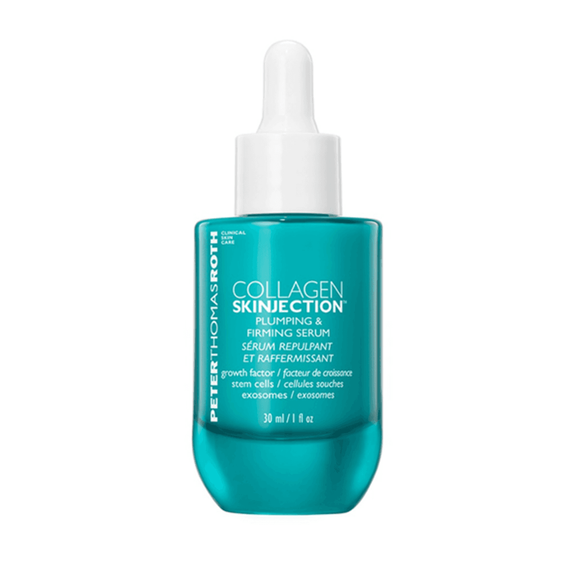 Peter Thomas Roth Plumping Firming Face Serum con factores de crecimiento y exosomas en un frasco cuentagotas de 30 ml en color verde azulado. Ideal para mejorar la elasticidad de la piel.