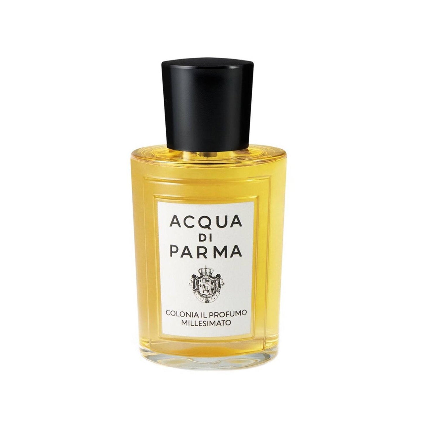 عطر Acqua Di Parma Colonia Il Profumo Millesimato EDP للرجال في زجاجة زجاجية شفافة بغطاء أسود، تعرض روائح الحمضيات والأناقة الإيطالية.