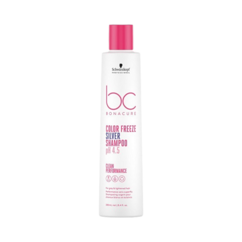 שמפו לשיער של שוורצקופף Bonacure Color Freeze Silver 250 מ"ל, אידיאלי לשמירה על גוונים קרירים בשיער שעבר צבע, נמכר ב-eSkinStore.