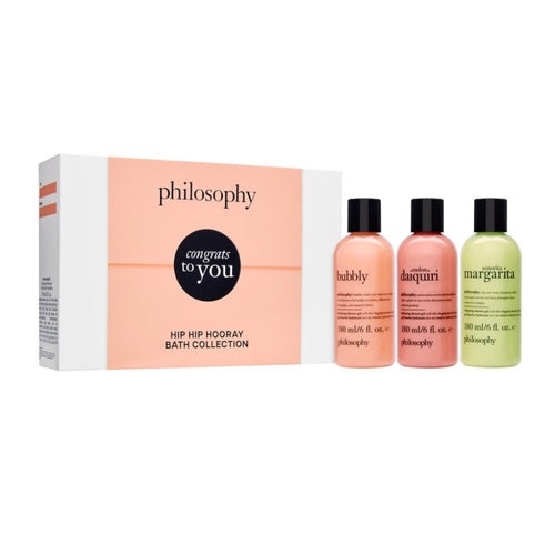 Philosophy Bath Collection Gift Set Trio inkluderer boblende, daiquiri og margarita brusegel. Et festligt værdisæt for krop- og badelskere.