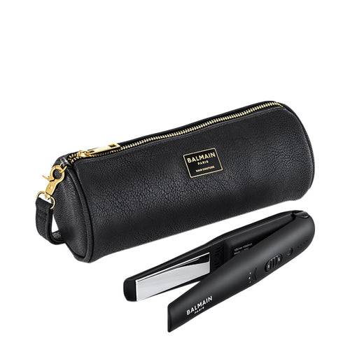 BALMAIN Paris Hair Couture Cordless Titanium Straightener and elegant black pouch, designed for effortless straightening, curls, and waves.