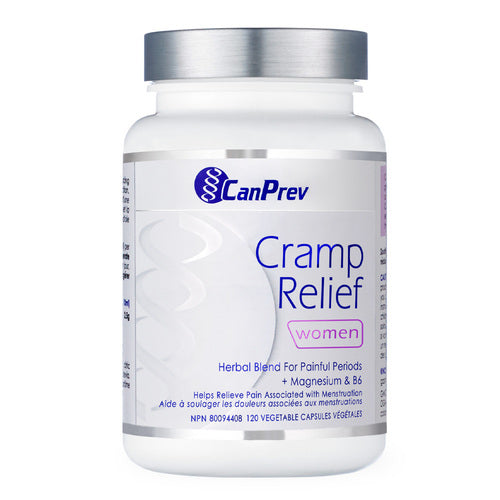 תוסף CanPrev Cramp Relief הכולל ג'ינג'ר, חומצת לימון וויטמין B להקלה על כאבי מחזור. תוסף צמחי מרפא בבקבוק 120 כמוסות.