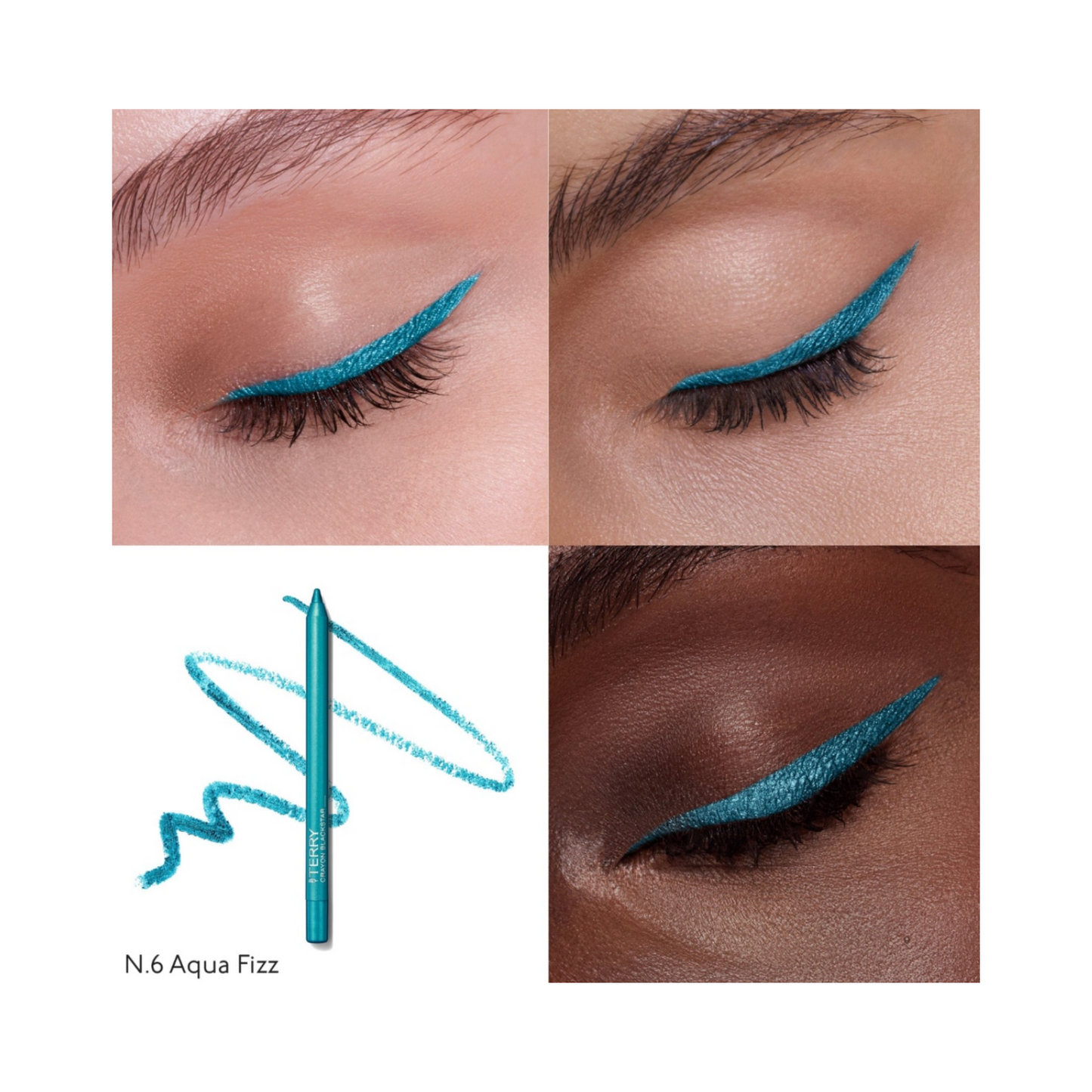 Model wearing By Terry Blackstar Crayon N6 Aqua Fizz, highlighting vibrant turquoise eyeliner for a bold, eye-catching makeup look.