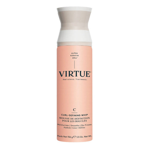 Virtue Curl-Defining Whip hair styling mousse with Alpha Keratin 60ku, designed to smooth, hydrate, and define curly hair textures.