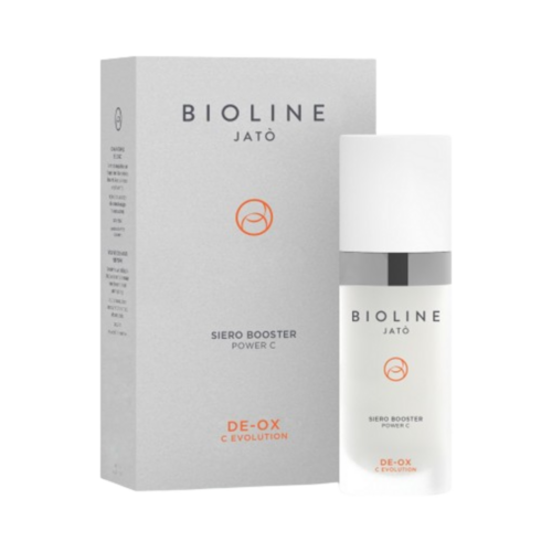 Bioline DE-OX Power Booster Serum C, 30ml/1 fl oz σε κομψό λευκό μπουκάλι και γκρι κουτί, ιδανικό για ανομοιόμορφο τόνο δέρματος και περιποίηση προσώπου.