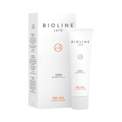 Bioline DE-OX Serum Essential C, 30ml/1 fl oz טיפול פנים לגוון עור ותחזוקה לא אחיד, הכולל שפופרת ואריזה לבנה וחלקה.