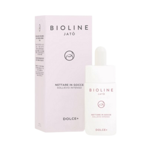 Bioline DOLCE+ インテンスリリーフ セラム 30ml は顔と首用で、赤みや炎症を和らげるように設計されており、パッケージに表示されています。