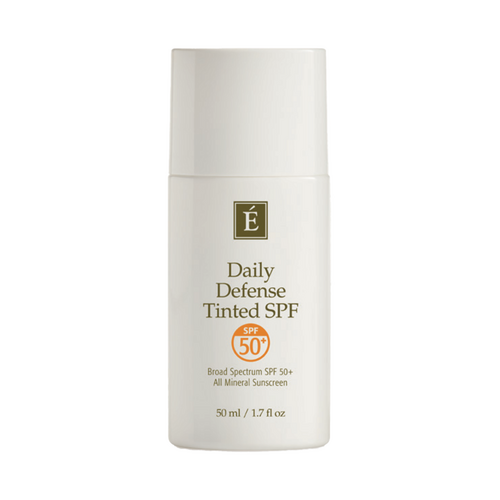 Eminence Organics Daily Defense Tinted SPF 50+ solkrem, lett solbeskyttelse for ansiktet med naturlige ingredienser og blått lysforsvar.