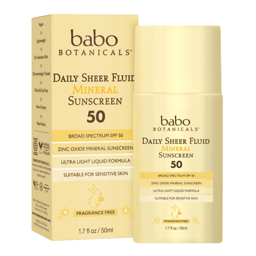 Babo Botanicals Daily Sheer Fluid Mineral Sunscreen SPF 50, 50 ml, formula leggera all'ossido di zinco per l'uso quotidiano del viso.